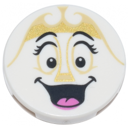 Tile, Round 2 x 2 with Bottom Stud Holder with Tan and Gold Scrolls, Eyes and Nose, Black Eyebrows and Eyelashes, Open Mouth Smile with Dark Pink Tongue Pattern (Wardrobe Face): {бял}