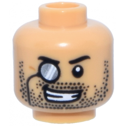 Minifigure, Head Black Eyebrows and Stubble, Black Monocle Right with Silver and White Lens, Open Mouth Grin with Teeth Pattern: {умерен тан}