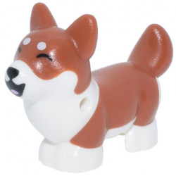 Dog, Mini Doll Style, Corgi with Molded White Lower Body and Face and Printed Black Nose and Mouth, Closed Eyes, Bright Pink Tongue, White Spots Pattern (Friends Marimba): {тъмно оранжев}