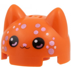 Brick, Round 2 x 2 x 1 1/3 Dome Top with Cat Ears with White and Metallic Pink Spots, Black Eyes and Mouth, Bright Pink Nose Cat Face Pattern: {червеникаво-оранжев}