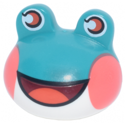 Minifigure, Head, Modified Frog with Molded White Lower Head and Printed Coral Round Cheeks, Reddish Orange Eyes and Dark Red Open Mouth Smile with Tongue Pattern: {ярко синьо-зелен}