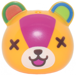 Minifigure, Head, Modified Squirrel / Cub with Ears with Molded Lime Auricles and Printed White Nose, Dark Brown X Eyes and Nose, Magenta Face and Mouth, and Blue, Green and Reddish Orange Ears Pattern: {огнено жълто-оранжев}