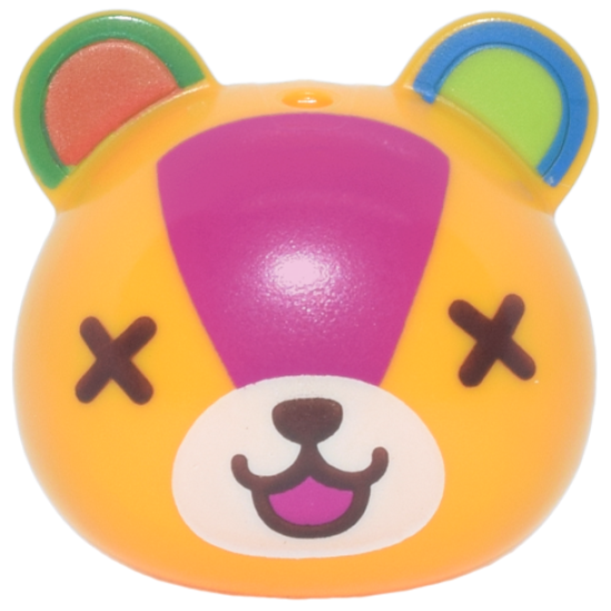 Minifigure, Head, Modified Squirrel / Cub with Ears with Molded Lime Auricles and Printed White Nose, Dark Brown X Eyes and Nose, Magenta Face and Mouth, and Blue, Green and Reddish Orange Ears Pattern: {огнено жълто-оранжев}