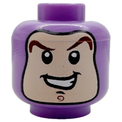Minifigure, Head Balaclava with Face Hole, Reddish Brown Curved Eyebrows, Chin Swirl, Black Chin Dimple, Open Mouth Smile Pattern (Buzz Lightyear): {умерено лавандулов}