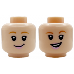 Minifigure, Head Dual Sided Female Medium Nougat Eyebrows, Bright Pink Lips, Open Mouth Smile with Top Teeth / Grin Pattern: {светло нуга}