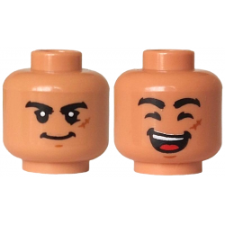 Minifigure, Head Dual Sided Black Eyebrows, Dark Orange Scar and Chin Dimple, Closed Mouth Grin / Open Mouth Smile, Red Tongue, White Teeth, Closed Eyes Pattern: {нуга}
