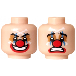 Minifigure, Head Dual Sided Clown Black Eyebrows, Medium Nougat Eye Shadow, Dark Azure Vertical Lines, White Crossbones, Red Nose and Lips, Open Mouth with Teeth Smile / Sad Pattern: {светло нуга}