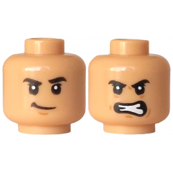 Minifigure, Head Dual Sided Black Eyebrows, Medium Nougat Chin Dimple, Lopsided Grin / Wrinkles, Scowl Pattern: {умерен тан}