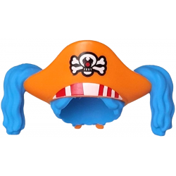 Minifigure, Hair Combo, Pirate Hat with Bandana with Molded Flexible Rubber Dark Azure Hair with Ponytails and Printed Red and White Stripes, Skull and Crossbones (Jolly Roger) Pattern: {ярко оранжев}