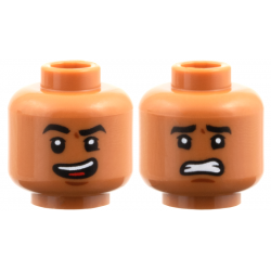 Minifigure, Head Dual Sided, Black Eyesbrows, Reddish Brown Chin Dimple, Open Mouth Smile with Top Teeth and Red Tongue, Raised Eyebrow Right / Scared Pattern: {сиена кафяво}