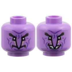 Minifigure, Head Dual Side Alien, Black Eyebrows, Dark Purple Contour Lines, Long Nose, Tan Stripes, Neutral / Smile with Teeth Pattern: {умерено лавандулов}