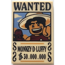 Tile 2 x 3 with Wanted Poster with Black 'WANTED' 'MONKEY-D-LUFFY' (Berry) '$30.000.000' Pattern: {тухлено жълт}