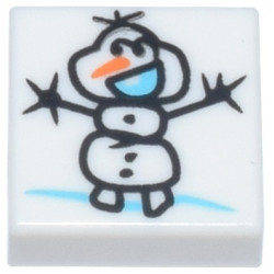 Tile 1 x 1 with Black Snowman (Olaf) Stick Figure Drawing, Bright Light Blue Mouth and Orange Nose Pattern: {бял}