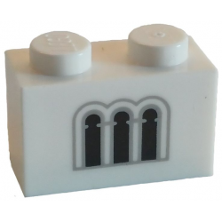 Brick 1 x 2 with 3 Black and Light Bluish Gray Castle Windows Pattern: {бял}