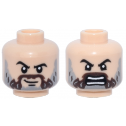 Minifigure, Head Dual Sided Black Eyebrows, Dark Brown Moustache, Light Bluish Gray Full Beard, Chin Dimple, Crooked Lopsided Grin / Angry Open Mouth with Teeth Parted Pattern: {светло нуга}