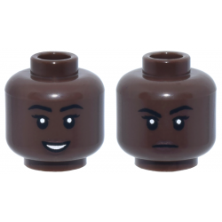 Minifigure, Head Dual Sided Female Black Eyebrows, Double Eyelashes, Dark Brown Lips, Open Mouth Smile with Teeth / Closed Mouth Frown Pattern: {умбра}