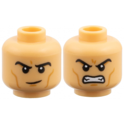 Minifigure, Head Dual Sided Black Eyebrows, Medium Nougat Cheek Lines and Chin Dimple, Raised Eyebrow Right / Fierce Open Mouth Scowl with Teeth Pattern: {умерен тан}