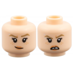 Minifigure, Head Dual Sided Female, Dark Tan Eyebrows, Silver Eyebrow Piercing, Nougat Freckles and Lips, Lopsided Grin / Open Mouth Scowl with Tooth Gap Pattern: {светло нуга}