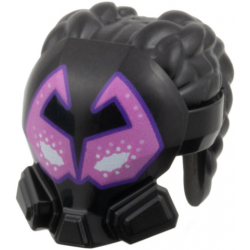 Minifigure, Hair Coiled with 2 Cornrow Pigtails and Mask with White and Dark Pink Angular Eyes with Dark Purple Outline Pattern: {черен}