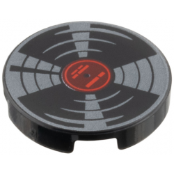 Tile, Round 2 x 2 with Bottom Stud Holder with Vinyl Record with Red and Dark Red Label and Dark Silver Highlights Pattern: {черен}
