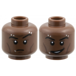 Minifigure, Head Dual Sided Black Eyebrows, Dark Brown Cheek Lines, Silver Piercings and Lip Ring, Raised Eyebrow Left / Lopsided Grin Pattern: {умбра}