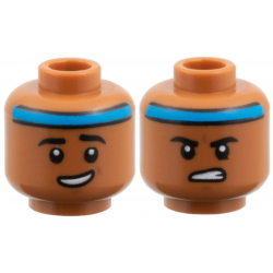 Minifigure, Head Dual Sided Dark Azure Headband, Black Eyebrows, Lopsided Open Mouth Grin / Firm Gritted Teeth Pattern: {сиена кафяво}