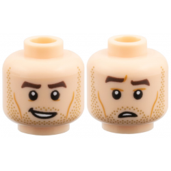 Minifigure, Head Dual Sided Dark Brown Eyebrows, Medium Nougat Cheek Lines, Dark Tan Stubble, Lopsided Open Mouth Grin / Confused with Raised Eyebrow Right Pattern: {светло нуга}