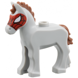 Horse, Foal with Stud on Back with Molded Reddish Brown Mane and Tail and Printed Black and White Eyes and Red Spider Web Mask Pattern (Widow): {умерено каменно сив}