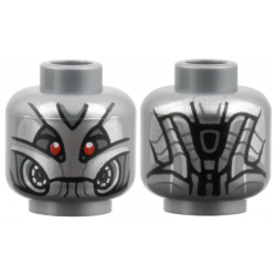 Minifigure, Head Alien Robot with Silver Face with Dark Bluish Gray Lines, Red Eyes, Armor Panels on Back Pattern: {сребърно метален}