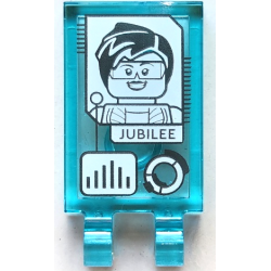 Tile, Modified 2 x 3 with 2 Open O Clips with Screen with Jubilee Minifigure, Bar Chart and Loading Wheel Pattern: {прозрачно светло син}