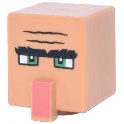 Minifigure, Head, Modified Cube Tall with Raised Rectangle with Black Forehead Creases and Bushy Unibrow, Green Eyes and Coral Nose Pattern (Minecraft Villager): {нуга}