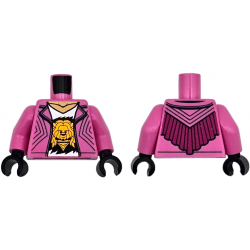 Torso Jacket Open, White V-Neck Shirt with Bright Light Orange Lion Head, Medium Tan Neck, Magenta Fringe on Back Pattern / Dark Pink Arms / Black Hands: {ярко пурпурен}