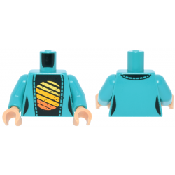 Torso Female Cardigan Sweater Open, Black Shirt with Yellow, Bright Light Orange and Orange Striped Sun Pattern / Dark Turquoise Arms / Medium Tan Hands: {ярко синьо-зелен}