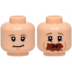 Minifigure, Head Dual Sided Dark Tan Eyebrows, Medium Nougat Chin Dimple, Slight Grin / Eating with Reddish Brown Chocolate Around Mouth Pattern: {светло нуга}