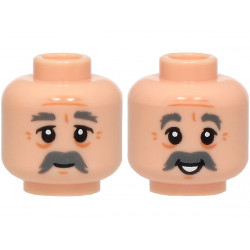Minifigure, Head Dual Sided Dark Bluish Gray Bushy Eyebrows and Thick Moustache, Medium Nougat Forehead Lines and Dimples, Grin / Open Mouth Smile with Teeth Pattern: {светло нуга}