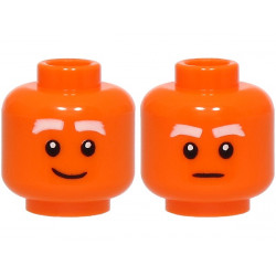 Minifigure, Head Dual Sided White Thick Eyebrows, Lopsided Grin / Stern Pattern: {ярко оранжев}