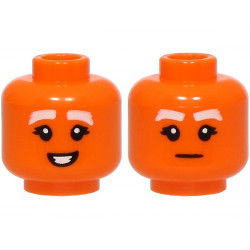 Minifigure, Head Dual Sided Female White Thick Eyebrows, Black Double Eyelashes, Open Mouth Smile with Teeth / Stern Pattern: {ярко оранжев}