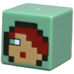 Minifigure, Head, Modified Cube with Pixelated Nougat Face, Red Hair and Mouth, White Right Eye, Dark Brown Hood Trim Pattern: {пясъчно зелен}