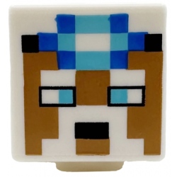 Minifigure, Head, Modified Cube with Pixelated Medium Nougat Face with Eyes, Mouth, Moustache and Beard, Medium Azure and Blue Headlamp, Black Band Pattern: {бял}