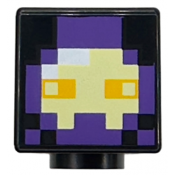 Minifigure, Head, Modified Cube with Pixelated Dark Purple and Bright Light Yellow Mask, White Reflection and Bright Light Orange Eyes Pattern (Minecraft Realm Raider): {черен}