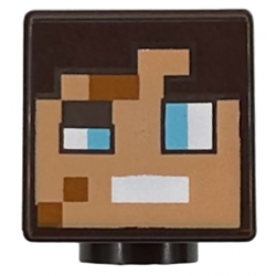 Minifigure, Head, Modified Cube with Pixelated Nougat Face, Dark Orange Spots, Medium Azure Eyes, and White Mouth Pattern (Minecraft Dimensional Defender): {тъмно кафяв}