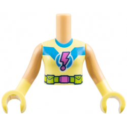 Torso Mini Doll Girl Bright Light Yellow Superhero Costume, Dark Azure Collar and Stripe, Dark Pink Lightning Exclamation Mark, Lime Utility Belt Pattern, Medium Tan Arms with Bright Light Yellow Hands / Gloves: {умерен тан}