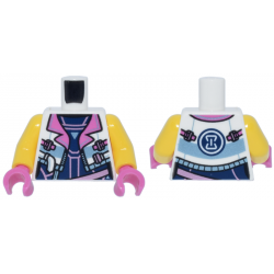 Torso Female Cropped Jacket Open with Zipper, Dark Pink Lapels and Buckles over Dark Blue and Metallic Pink Top, Hourglass on Back Pattern / Yellow Arms / Dark Pink Hands: {бял}