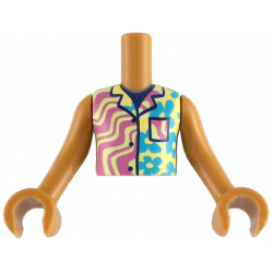 Torso Mini Doll Boy Yellowish Green Sleeveless Shirt with Dark Azure Flowers and Dark Pink Wavy Stripes Pattern, Medium Nougat Arms with Hands: {умерен нуга}