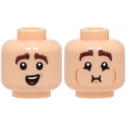 Minifigure, Head Dual Sided Dark Brown Eyebrows, Surprised Open Mouth with Top Teeth and Tongue / Queasy (Breath Holding) with Medium Nougat Cheek Lines Pattern: {светло нуга}