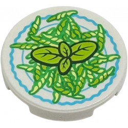 Tile, Round 2 x 2 with Bottom Stud Holder with Dish with Green and Bright Light Yellow Pasta and Lime Basil Leaves Pattern: {бял}