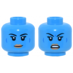Minifigure, Head Dual Sided Alien Female SW Twi'lek with Black Eyebrows, Nougat Lips, Blue Cheek Lines, Neutral / Angry Open Mouth Frown with Teeth Pattern: {тъмно небесносин}