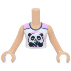 Torso Mini Doll Girl White and Bright Pink Sleeveless Top, Dark Blue Trim, Panda Bear and Bamboo Pattern, Medium Tan Arms with Hands: {умерен тан}