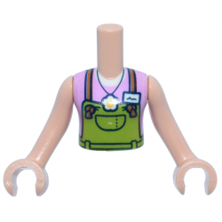 Torso Mini Doll Girl Lime Overalls, Medium Nougat Straps, White Flower Pendant and Name Tag Over Bright Pink Sleeveless Top Pattern, Light Nougat Arms with Hands: {светло нуга}