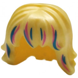 Minifigure, Hair Female Mid-Length Wavy with Bangs with Dark Azure and Dark Pink Streaks Pattern: {студено жълт}